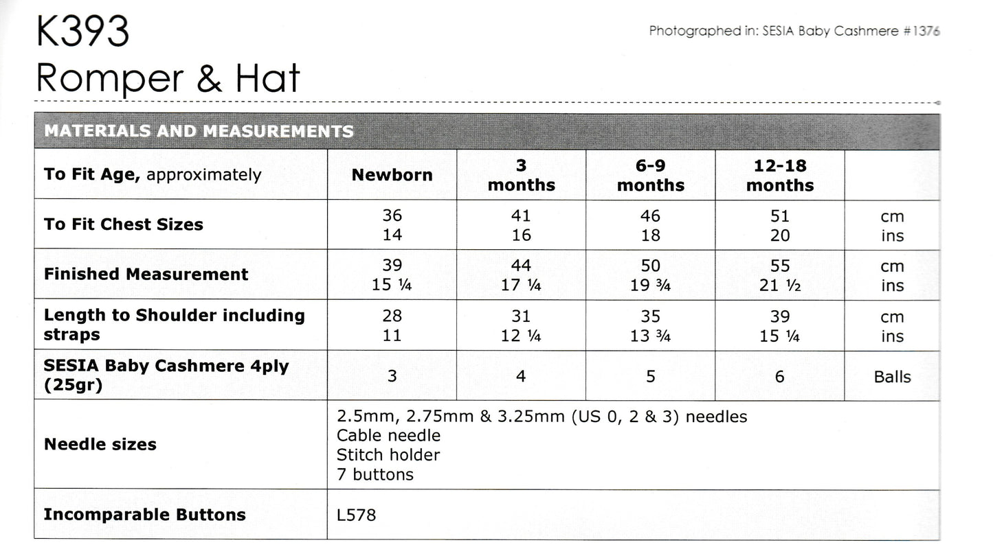 Pattern - Sesia - Newborn to 18 months - Romper & Hat K394
