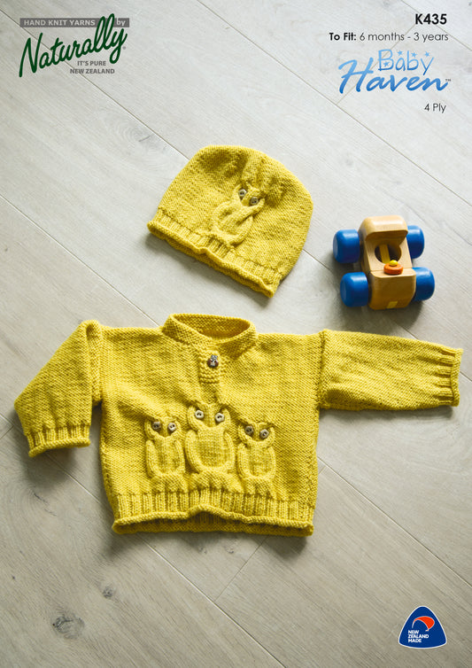Naturally - knit Pattern - 6 months to 3 years - Owl Sweater & Hat - K435